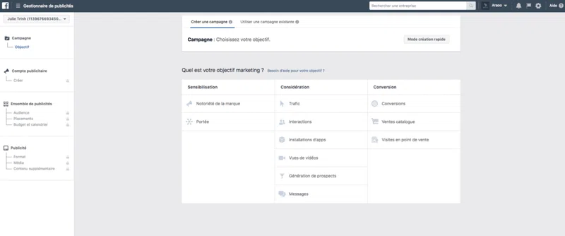 créer une campagne Facebook Ads - objectif marketing - Araoo