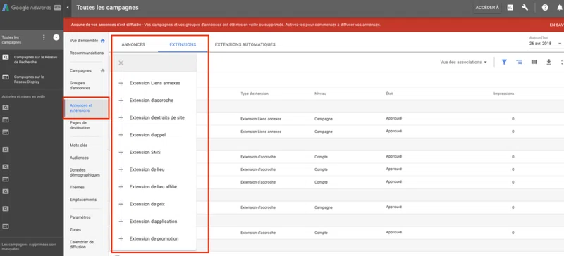 Extensions manuelles - extensions d'annonces Google Adwords - Araoo