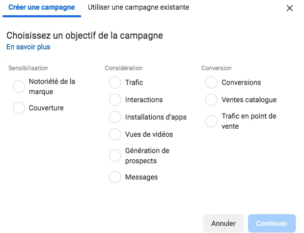 choix objectif campagne facebook