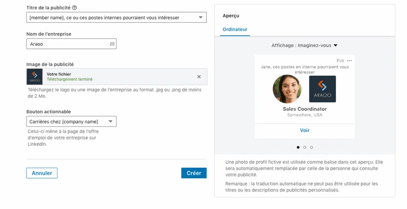 format de publicité linkedin ads - job