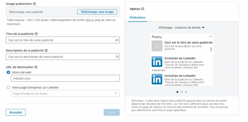 format de publicités linkedin ads - text ads